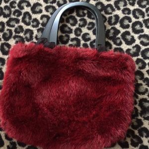 Crimson modern red faux fur purse wood handles